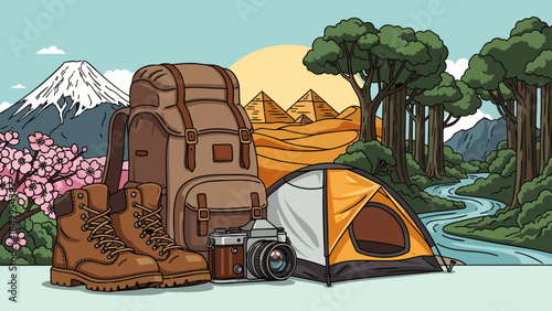 This vibrant illustration showcases essential gear for global travel and outdoor adventures, featuring iconic landmarks and diverse natural landscapes.