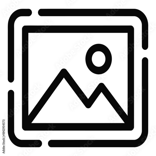 Minimalist line art icon depicting a landscape image with mountains and sun within a rectangular frame symbolizing photo gallery or picture viewing