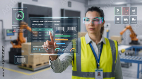 Woman Managing Warehouse Operations Through Digital Console