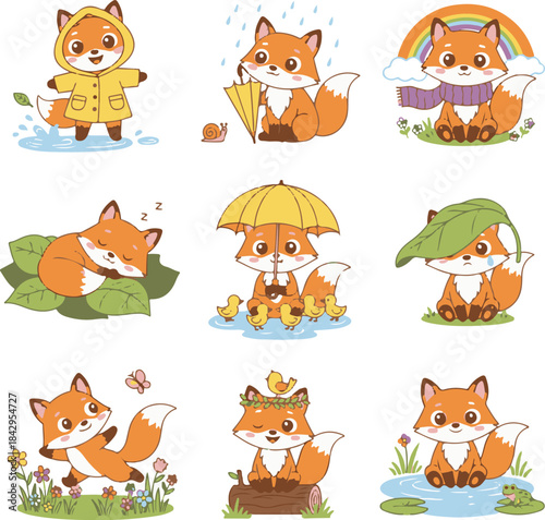 Cute Cartoon Fox Character Set in Different Seasonal and Daily Poses
