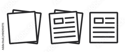 Newspaper icon set. Vector black icons isolated on white background.