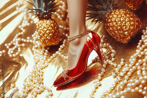 Red high heel shoe on festive background.