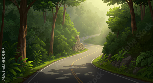 Winding road through lush green forest with sun rays