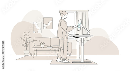 Modern home office setup featuring a woman using a standing desk for ergonomic working