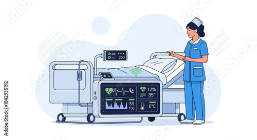 Modern hospital room illustration with patient monitoring system and nurse attending bed