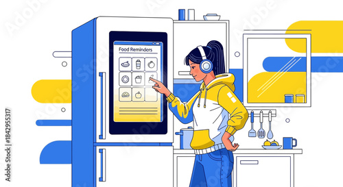 Modern kitchen scene with a woman using a smart refrigerator interface for food reminders