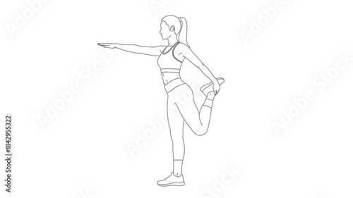 Fotografie A simple line drawing depicts a woman stretching her leg in a fitness pose