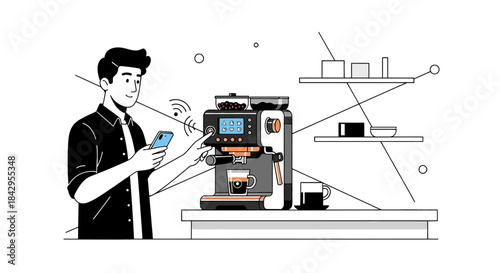 Modern lifestyle convenience, connecting with smart espresso machine via smartphone technology