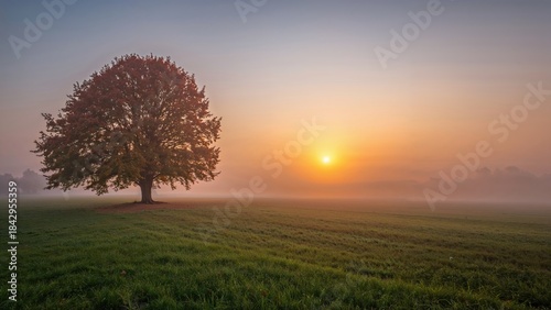 Tree and sunrise over green field at dawn. Nature and landscape scene. The concept of serenity and natural beauty. The sunrise symbolizes new beginnings.