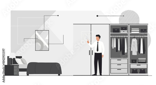 Modern monochrome bedroom with smart home control interface and bespoke wardrobe design