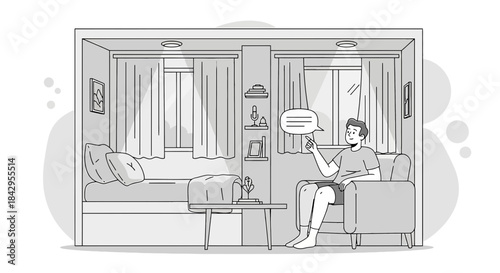 Monochromatic cartoon illustration of a man chatting in a minimalist studio apartment