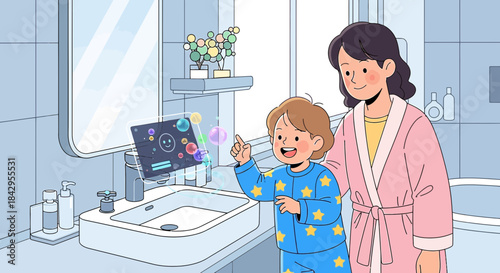 Mother and child interact with augmented reality in a modern bathroom setting cartoon style