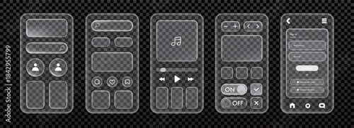 Glassmorphism mobile app tempalte. UI design elements smartphone interface. Transparent frosted glass shapes, icons, buttons, screen for app, banners, social media