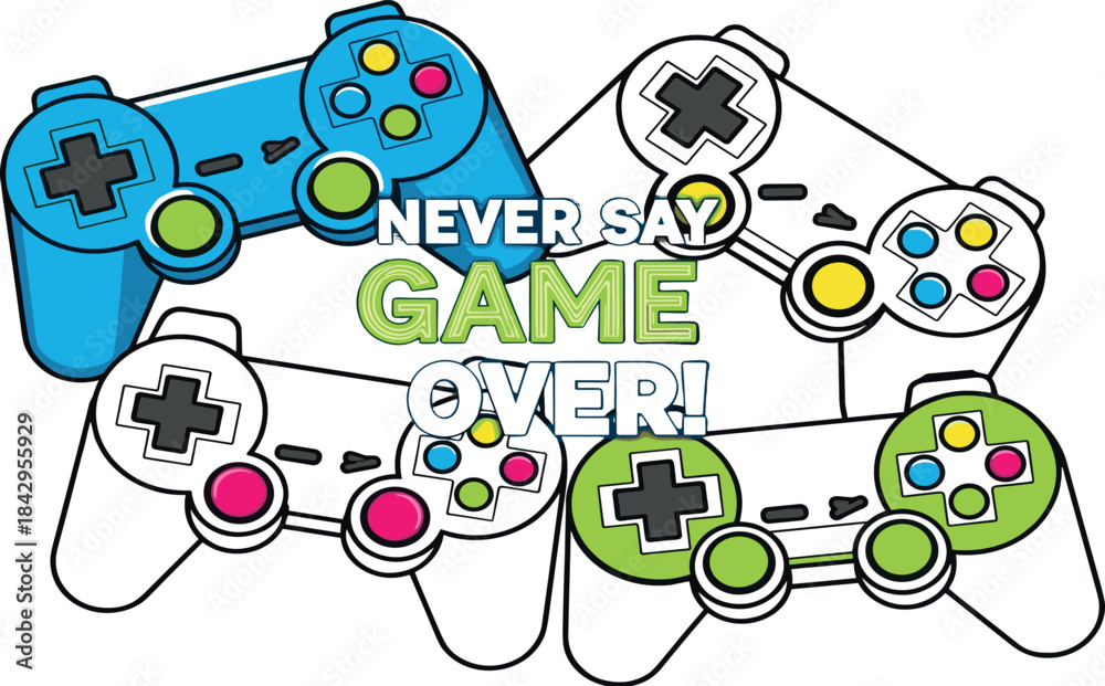 Fototapeta premium Dynamic illustration of various gaming controllers with a central inspiring message encouraging persistence, fun, and overcoming obstacles in every virtual adventure
