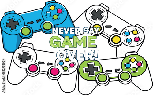 Dynamic illustration of various gaming controllers with a central inspiring message encouraging persistence, fun, and overcoming obstacles in every virtual adventure