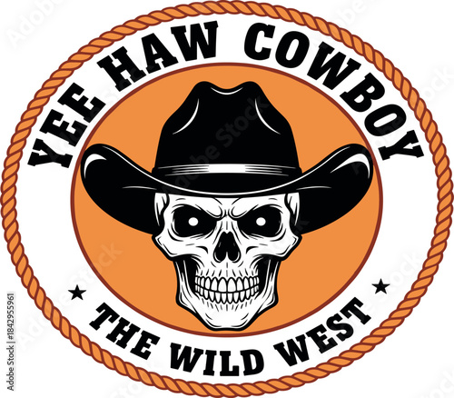 A striking illustration featuring a skeletal figure adorned with a classic cowboy hat, embodying the rugged spirit of the American frontier and vintage Western adventure