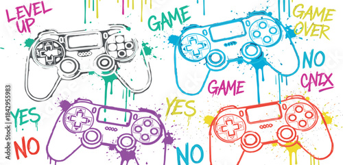 Vibrant Gaming Controllers with Colorful Splatter and Playful Phrases