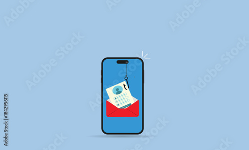 Phishing attack.Hooked login form pulled from an open envelope by a fishhook, symbolizing hacker credential theft and deceptive phishing email.

