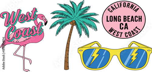 Retro Palm Tree, Sunglasses, and Flamingo illustration, evoking a vintage California beach vibe