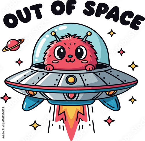 Cute pink monster piloting a classic flying saucer through starry outer space, an adorable alien creature on a fun cosmic journey with a cheerful smile