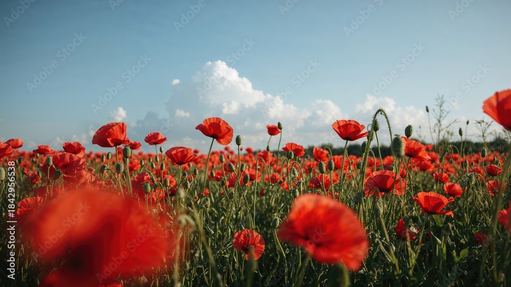 Obraz premium Field of red poppies under a blue sky with clouds in 2021