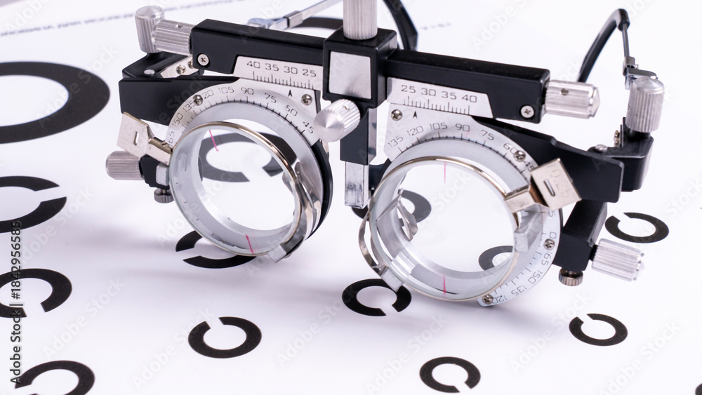 Fototapeta premium Eye astigmatism, vision health check with an optometrist. Trial frame for optical lens detection. High quality photo