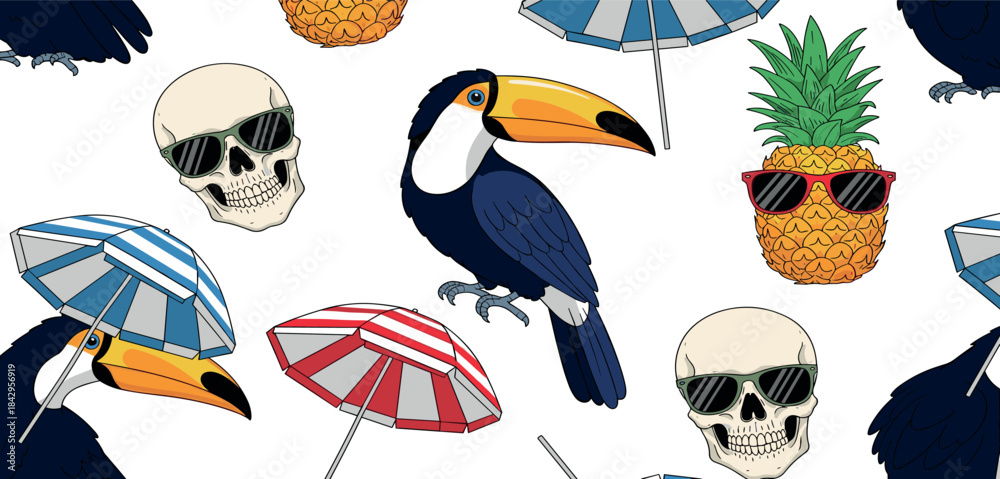 Fototapeta premium Tropical Toucan and Skull Summer Pattern with Sunglasses and Umbrellas