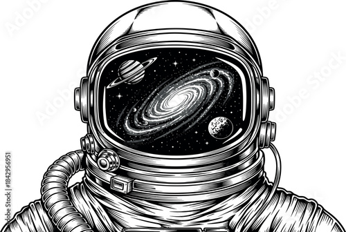 Detailed black and white artwork depicting an astronaut's visor as a window to a swirling galaxy, showcasing the mystery and grandeur of space exploration and cosmic wonders