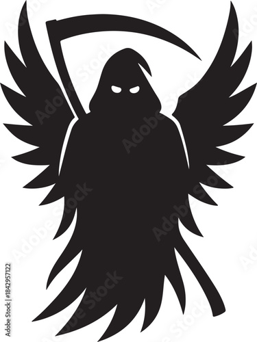 Vector illustration of black silhouette of a grim reaper with wings and scythe