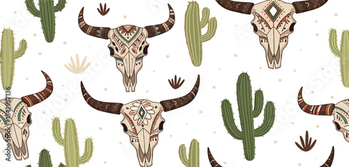 Seamless pattern with bohemian desert elements, featuring intricately designed bull skulls and various cactuses, ideal for western-themed textiles and graphic designs