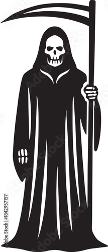 Vector illustration of black grim reaper with skeleton face and scythe in a hooded cape