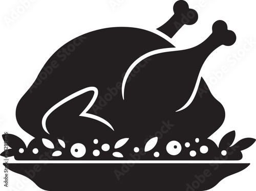 Vector illustration of black silhouette of a roasted turkey on a platter