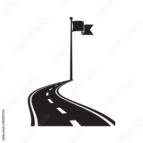 Black Road with Flag on Pole Isolated on White Background