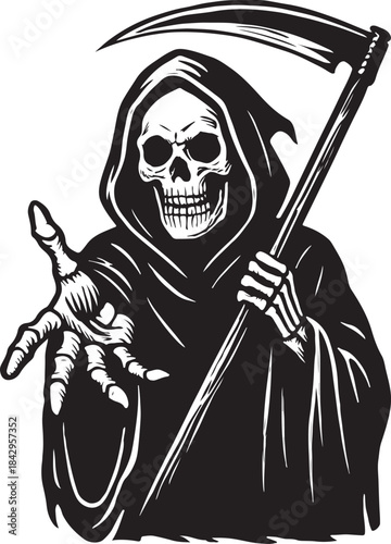 Vector illustration of black and white illustration of a grim reaper standing with a scythe