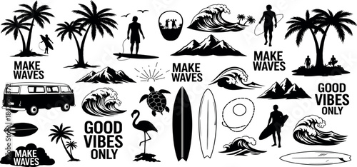 Vector illustrations celebrating surf culture and summer adventures, featuring monochrome designs of ocean waves, palm trees, surfers, and classic travel vehicles