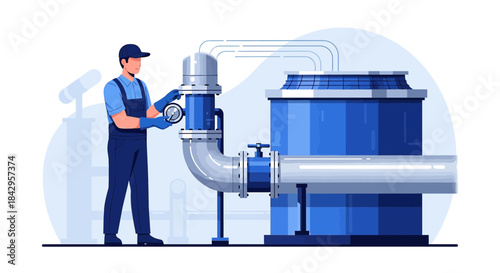 Industrial mechanic inspecting pressure gauge on large cooling unit apparatus with pipelines and