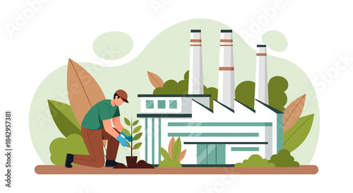 Industrial Sustainability: A Worker Plants a Tree Near a Factory to Promote Environmental