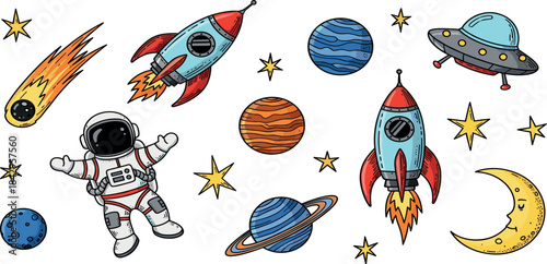Astronaut in Cosmic Journey with Rockets, Planets, and Stars, Outer Space, Illustrative, Playful Concept