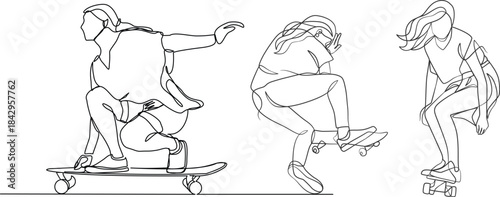 Continuous line drawing of girl playing skateboard