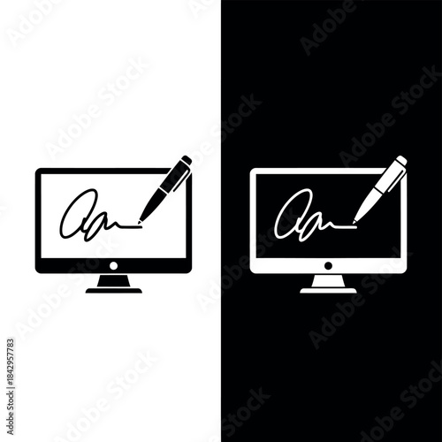 Digital Signature Concepts with Pen and Monitor Icons for Business and Technology