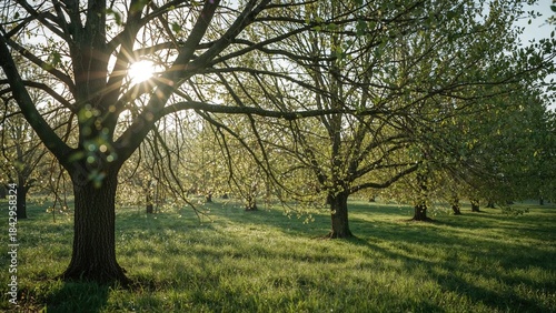 Fototapeta Naklejka Na Ścianę i Meble -  A park with trees and green grass in the sunlight during the day.