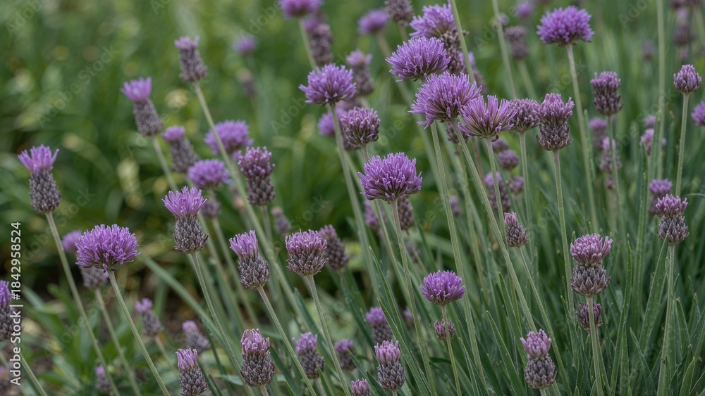 Obraz premium Purple lavender flowers in a green field with stems and leaves.