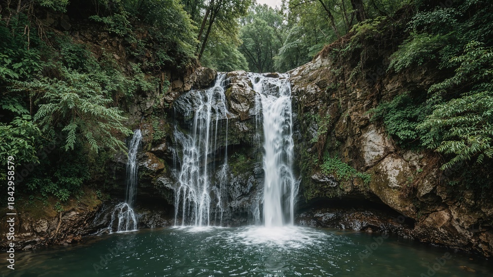 Fototapeta premium A waterfall in a forested area flowing into a pool of water. Nature, forest, and waterfall scene. The tranquility of a forest waterfall and natural landscape.