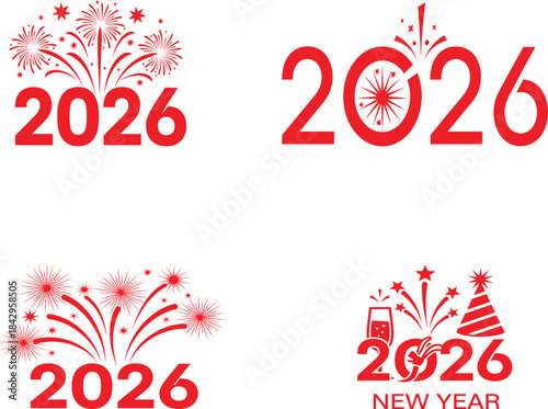 Happy New Year 2026 Celebration Logos and Icons Set