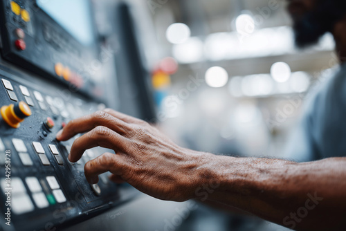A man is working on a machine with a screen that has a lot of buttons