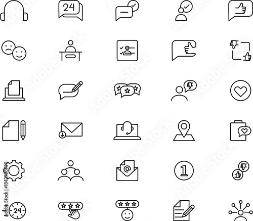 Customer service icon set. Containing customer satisfied, assistance, experience, feedback, operator and technical support icons. Thin outline icons pack.