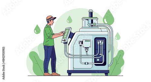 Innovative water purification system managed by operator in a botanical setting illustration