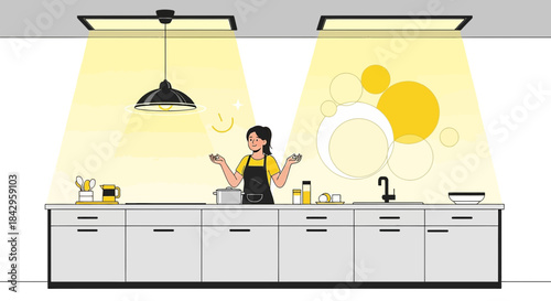 Joyful woman cooking in a bright modern kitchen filled with natural light and positive energy
