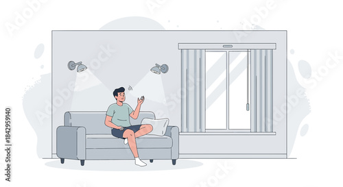 Man controlling smart home devices with hand gestures while sitting on sofa indoors