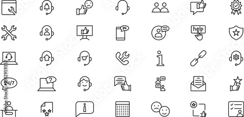Customer service icon set. Containing customer satisfied, assistance, experience, feedback, operator and technical support icons. Thin outline icons pack.